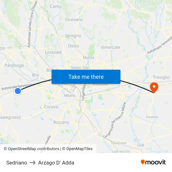 Sedriano to Arzago D' Adda map