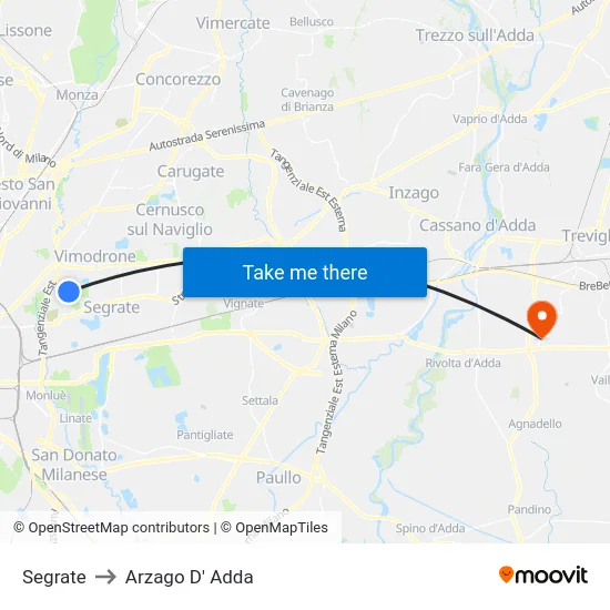 Segrate to Arzago D' Adda map