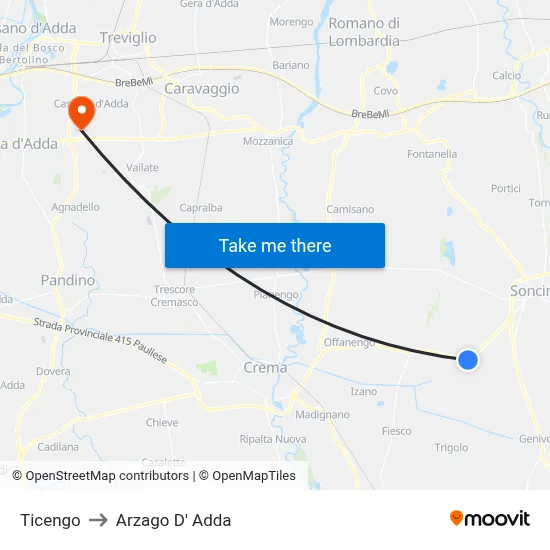 Ticengo to Arzago d'Adda map