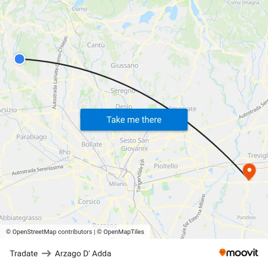 Tradate to Arzago D' Adda map
