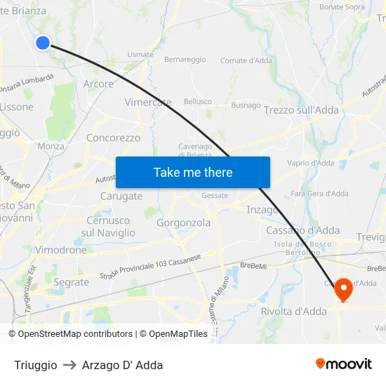 Triuggio to Arzago d'Adda map