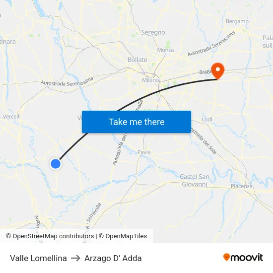 Valle Lomellina to Arzago D' Adda map