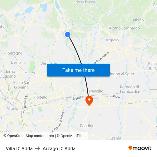 Villa D' Adda to Arzago d'Adda map