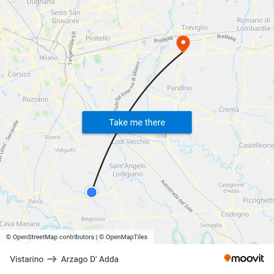 Vistarino to Arzago d'Adda map