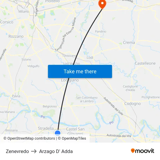 Zenevredo to Arzago D' Adda map