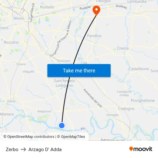 Zerbo to Arzago d'Adda map