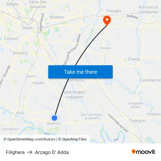 Filighera to Arzago d'Adda map