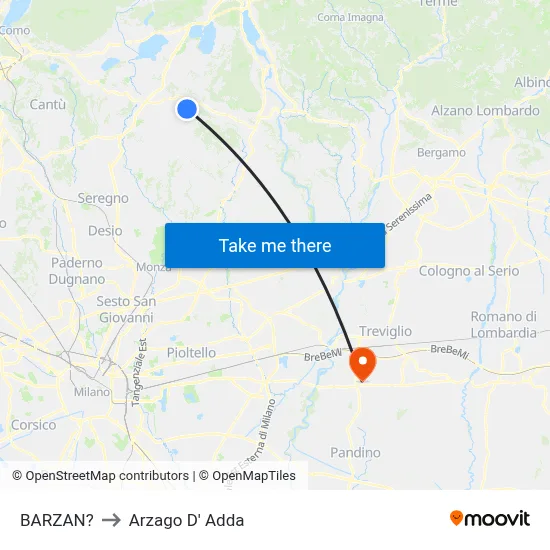 Barzan to Arzago d'Adda map