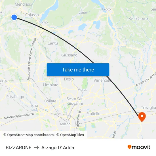 BIZZARONE to Arzago D' Adda map