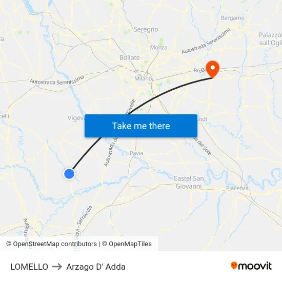 Lomello to Arzago d'Adda map