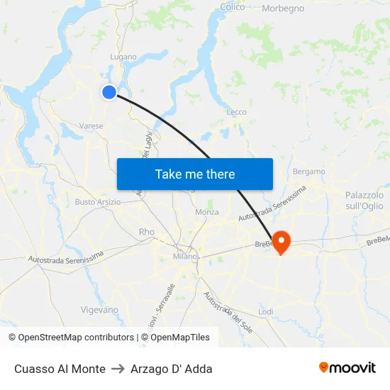 Cuasso Al Monte to Arzago d'Adda map