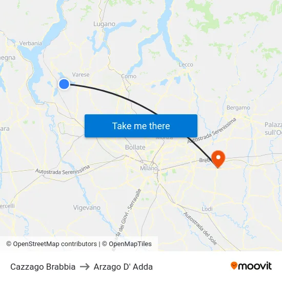 Cazzago Brabbia to Arzago d'Adda map