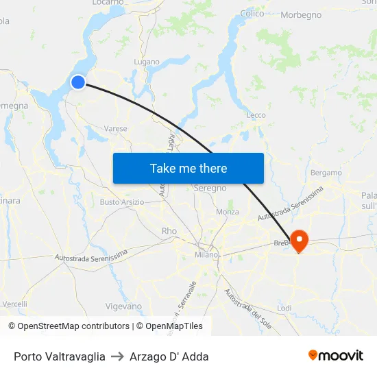 Porto Valtravaglia to Arzago d'Adda map