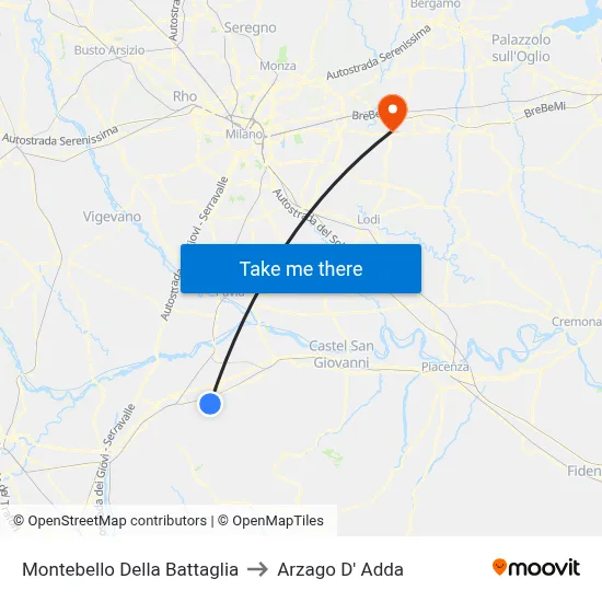 Montebello Della Battaglia to Arzago d'Adda map