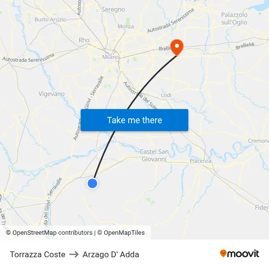 Torrazza Coste to Arzago d'Adda map