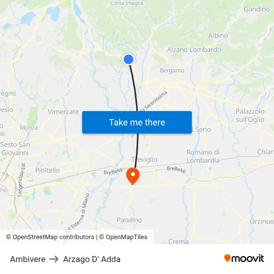 Ambivere to Arzago d'Adda map