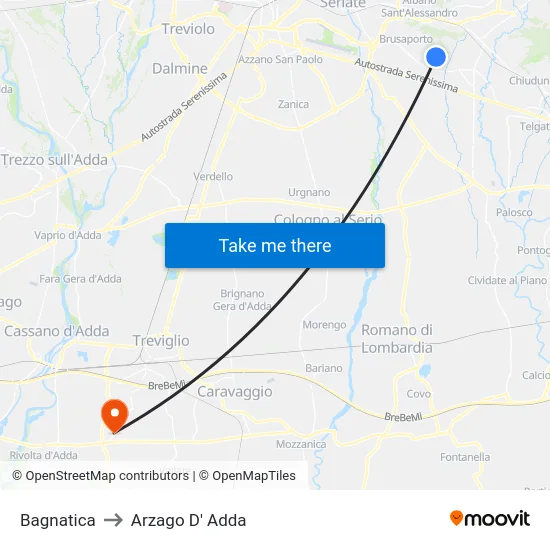 Bagnatica to Arzago D' Adda map