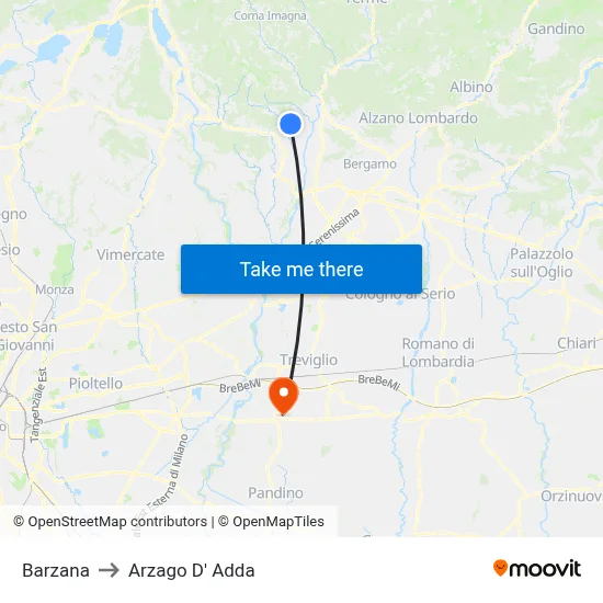Barzana to Arzago d'Adda map
