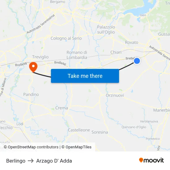Berlingo to Arzago d'Adda map