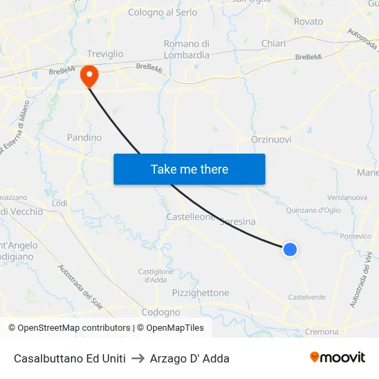 Casalbuttano Ed Uniti to Arzago d'Adda map