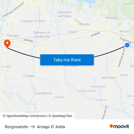 Borgosatollo to Arzago D' Adda map