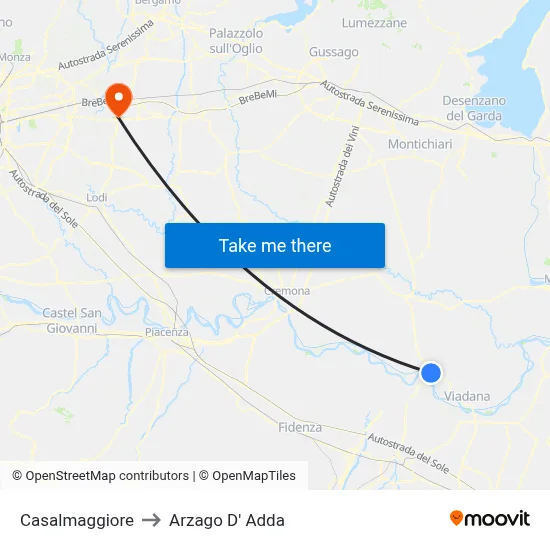 Casalmaggiore to Arzago d'Adda map