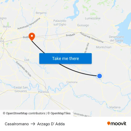 Casalromano to Arzago D' Adda map