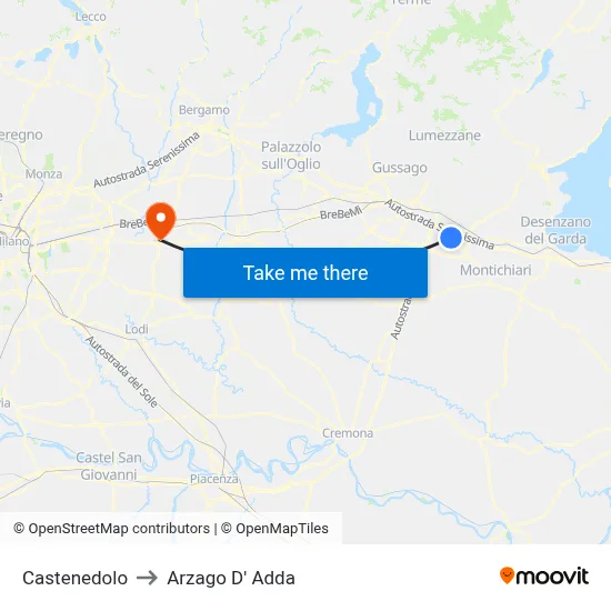 Castenedolo to Arzago D' Adda map