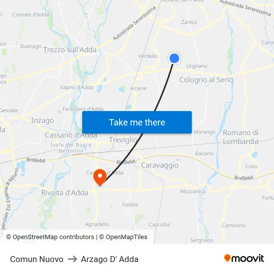 Comun Nuovo to Arzago d'Adda map
