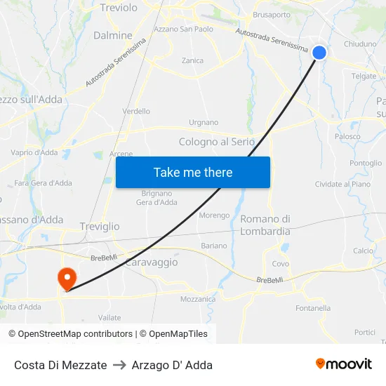 Costa di Mezzate to Arzago d'Adda map