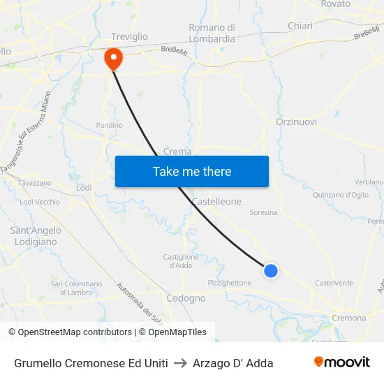 Grumello Cremonese Ed Uniti to Arzago d'Adda map