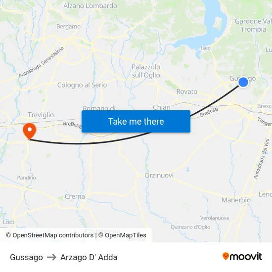 Gussago to Arzago d'Adda map