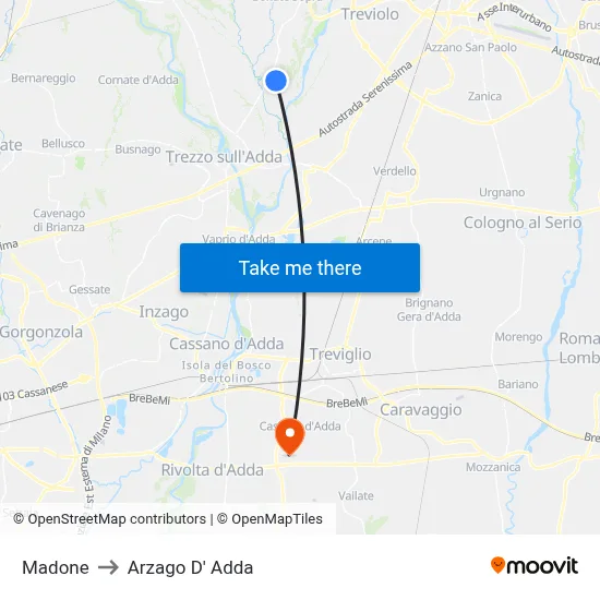 Madone to Arzago d'Adda map