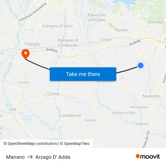 Mairano to Arzago d'Adda map