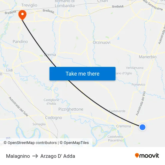 Malagnino to Arzago d'Adda map