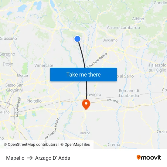Mapello to Arzago d'Adda map