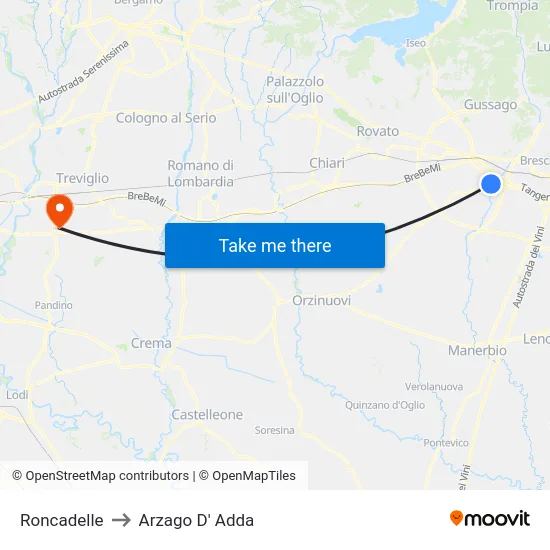 Roncadelle to Arzago D' Adda map