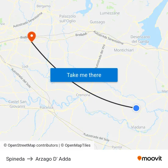 Spineda to Arzago d'Adda map