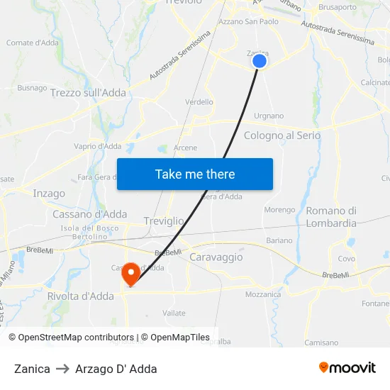 Zanica to Arzago d'Adda map