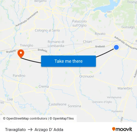 Travagliato to Arzago d'Adda map