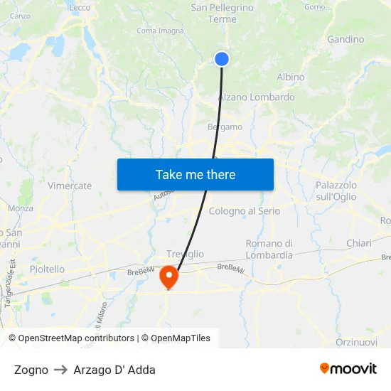 Zogno to Arzago d'Adda map