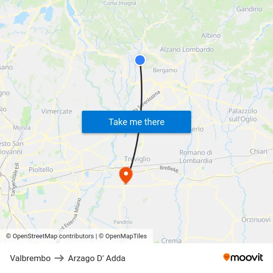 Valbrembo to Arzago d'Adda map