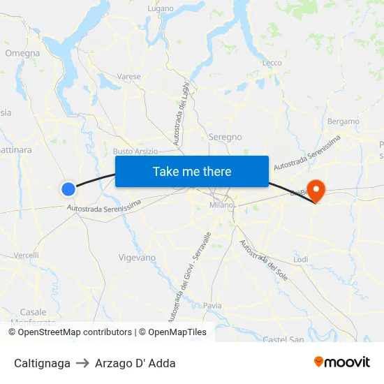 Caltignaga to Arzago d'Adda map