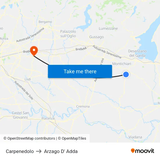 Carpenedolo to Arzago d'Adda map