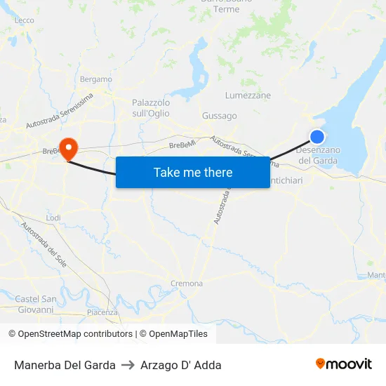 Manerba Del Garda to Arzago d'Adda map
