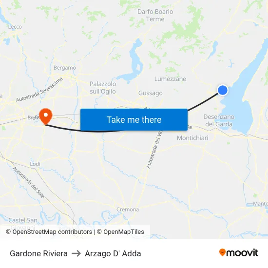 Gardone Riviera to Arzago d'Adda map