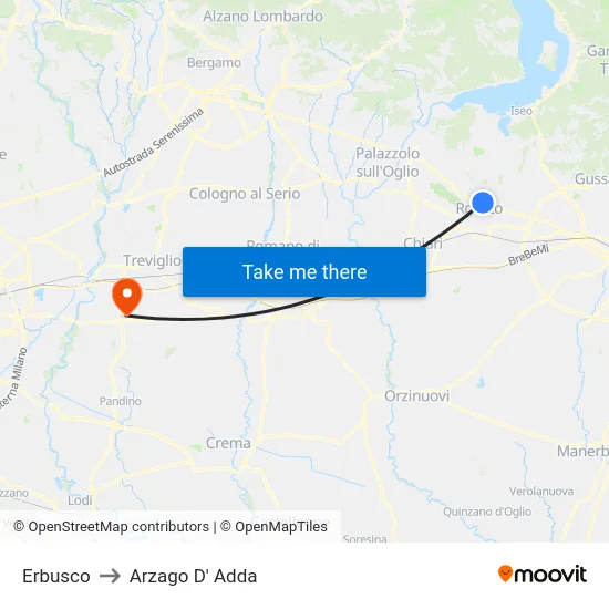Erbusco to Arzago D' Adda map