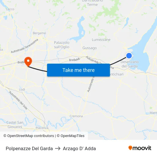 Polpenazze Del Garda to Arzago D' Adda map