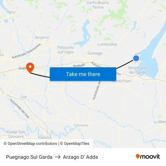 Puegnago sul Garda to Arzago d'Adda map