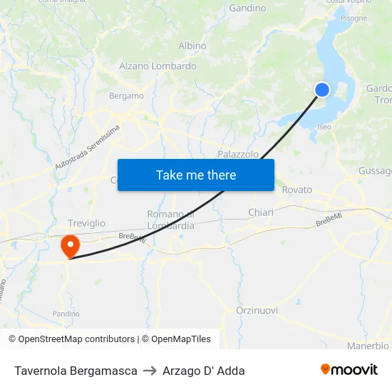 Tavernola Bergamasca to Arzago D' Adda map